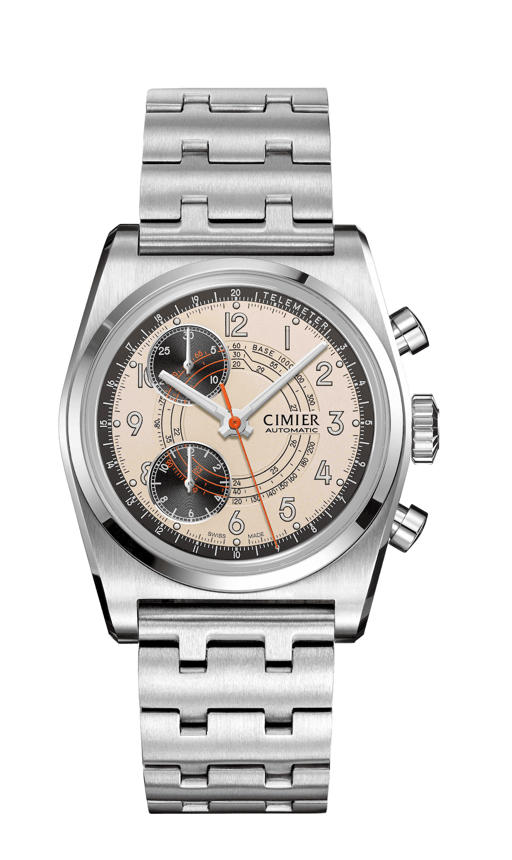 Cimier 711 Heritage Chronograph wristwatch with white dial and steel bracelet