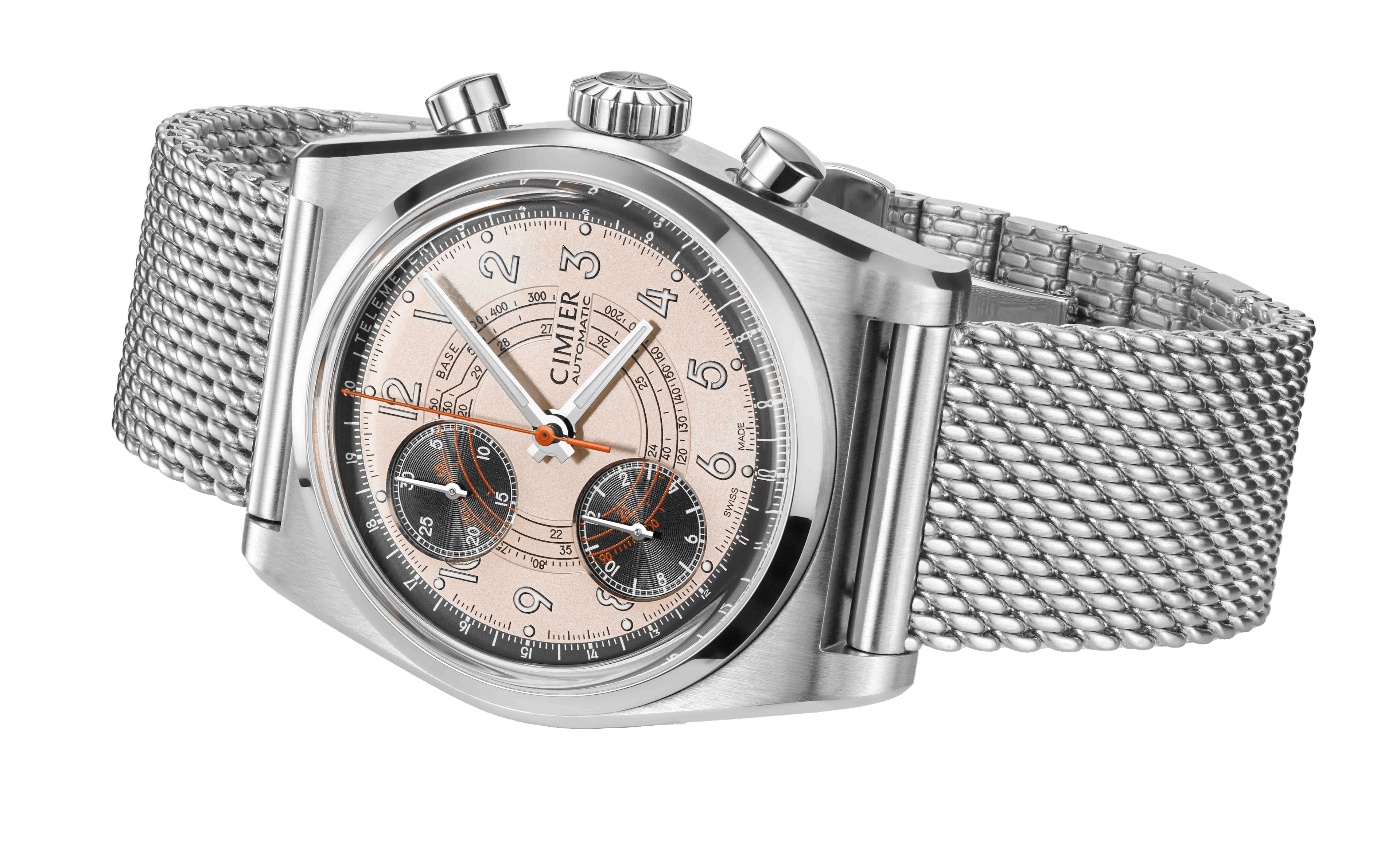 Side view of Cimier 711 Heritage Chronograph wristwatch with white dial